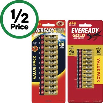 Woolworths Eveready gold aa pk 24 or aaa pk 20 offer
