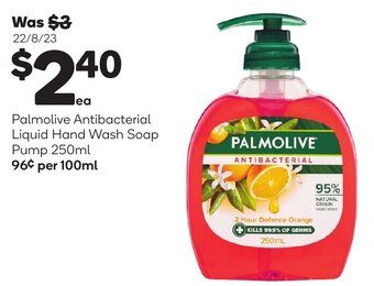 Woolworths Palmolive Antibacterial Liquid Hand Wash Soap Pump 250ml offer
