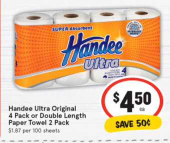IGA Handee Ultra Original 4 Pack or Double Length Paper Towel 2 Pack offer