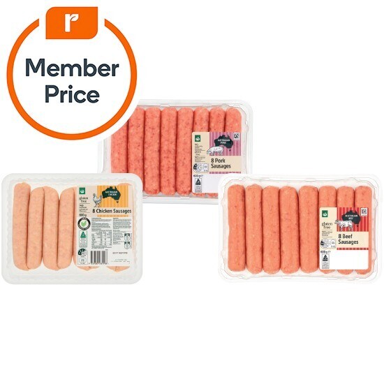 Woolworths beef, pork or chicken sausage or chipolata varieties 600g