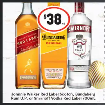 IGA Johnnie Walker Red Label Scotch, Bundaberg Rum U.P. or Smirnoff Vodka Red Label 700ml offer