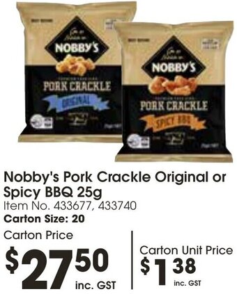 Campbells Wholesale Nobby's Pork Crackle Original or Spicy BBQ 25g offer