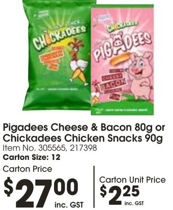 Campbells Wholesale Pigadees Cheese & Bacon 80g or Chickadees Chicken Snacks 90g offer