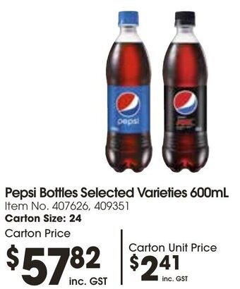 Campbells Wholesale Pepsi Bottles Selected Varieties 600mL offer