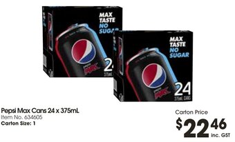 Campbells Wholesale Pepsi Max Cans 24 x 375mL offer