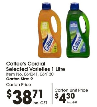 Campbells Wholesale Cottee's Cordial Selected Varieties 1 Litre offer