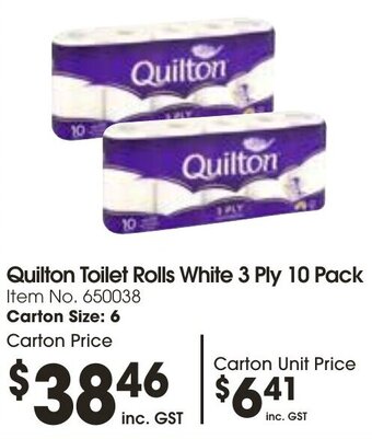 Campbells Wholesale Quilton Toilet Rolls White 3 Ply 10 Pack offer