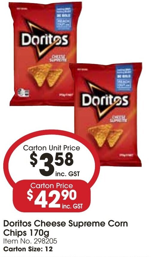 Doritos Cheese Supreme Corn Chips 170g offer at Campbells Wholesale