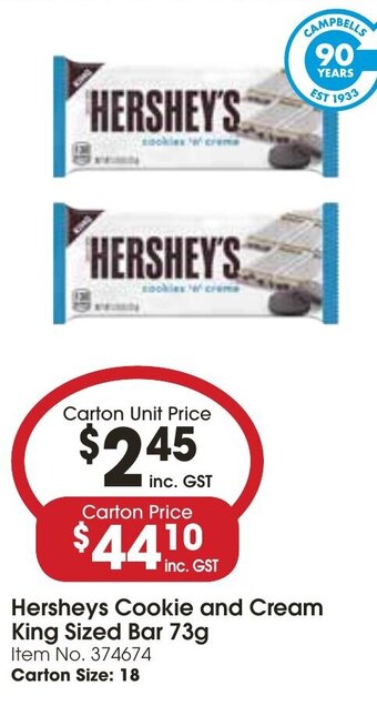 Campbells Wholesale Hersheys Cookie and Cream King Sized Bar Hershey's Almond Chocolate Bar 40g King Sized Bar 73g offer