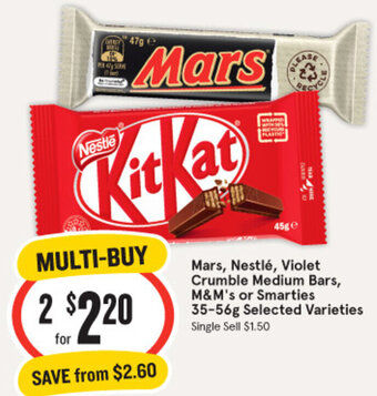 IGA Mars, Nestlé, Violet Crumble Medium Bars, M&M's or Smarties 35-56g Selected Varieties offer