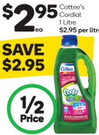 Woolworths Cottee's Cordial 1 Litre offer