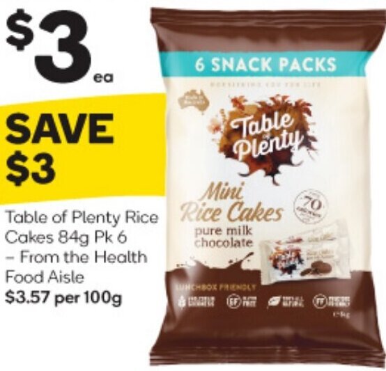 Table of Plenty Rice Cakes 84g Pk 6 offer at Woolworths