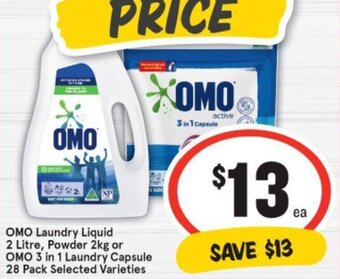 IGA OMO Laundry Liquid 2 Litre, Powder 2kg or OMO 3 in 1 Laundry Capsule 28 Pack Selected Varieties offer