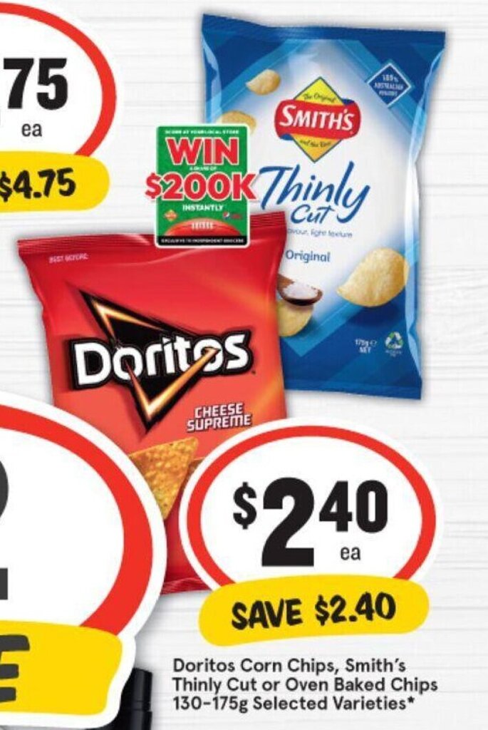 Doritos Corn Chips, Smith's Thinly Cut or Oven Baked Chips 130175g