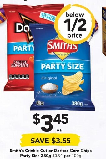Drakes Smith's Crinkle Cut or Doritos Corn Chips Party Size 380g offer