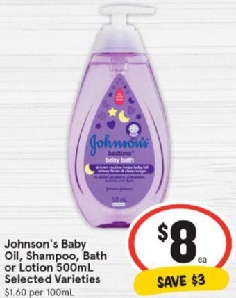 IGA Johnson's Baby Oil, Shampoo, Bath or Lotion 500mL Selected Varieties offer