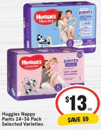 IGA Huggies Nappy Pants 24-36 Pack Selected Varieties offer