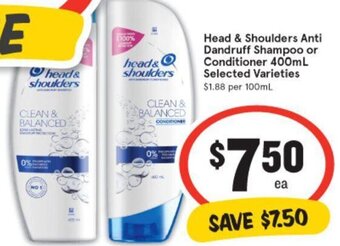 Head & Shoulders Anti Dandruff Shampoo or Conditioner 400mL Selected Varieties