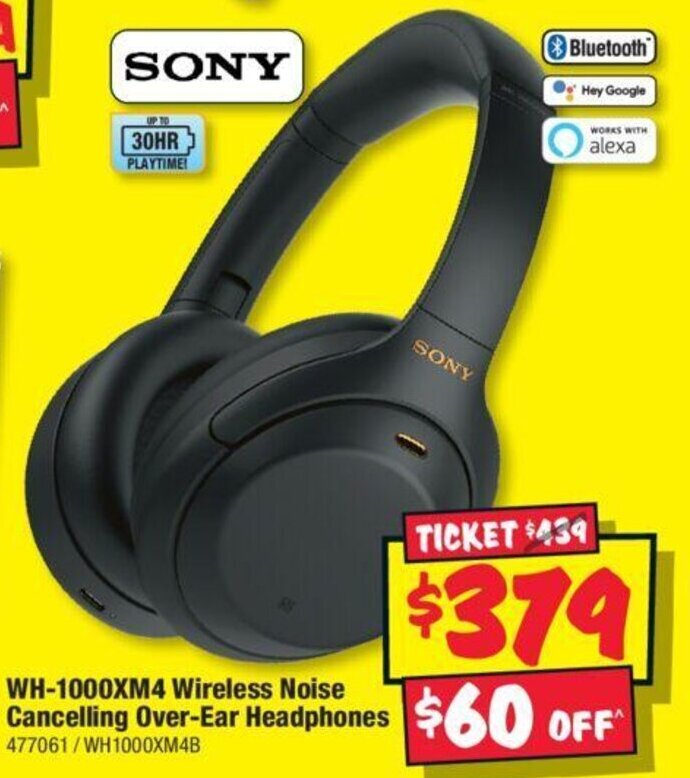 WH1000XM4 Wireless Noise Cancelling OverEar Headphones offer at JB HiFi