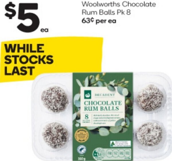 Woolworths Chocolate Rum Balls Pk 8 offer at Woolworths
