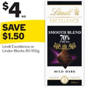 Woolworths Lindt Excellence or Lindor Blocks 80-100g offer