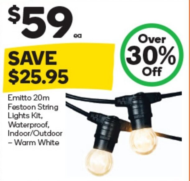 Emitto 20m Festoon String Lights Kit, Waterproof, Indoor/Outdoor Warm