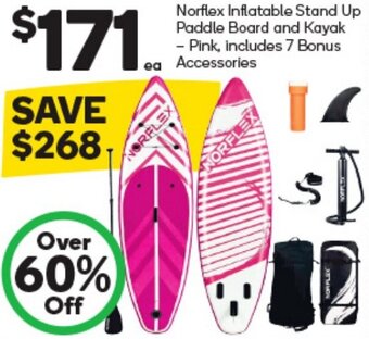 Woolworths Norflex Inflatable Stand Up Paddle Board and Kayak - Pink, includes 7 Bonus Accessories offer