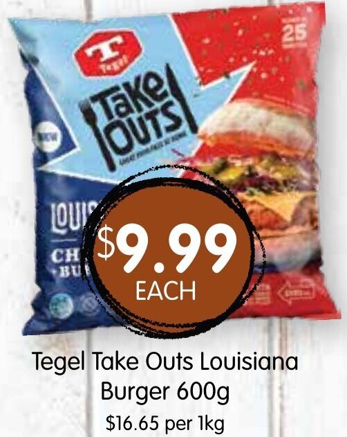 Tegel Take Outs Louisiana Burger 600g offer at Spudshed