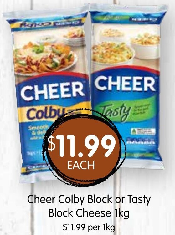 Cheer Colby Block or Tasty Block Cheese 1kg offer at Spudshed