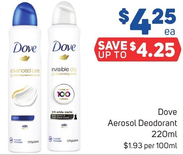 Dove Aerosol Deodorant 220ml offer at Foodland