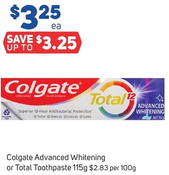 Foodland Colgate Advanced Whitening or Total Toothpaste 115g offer