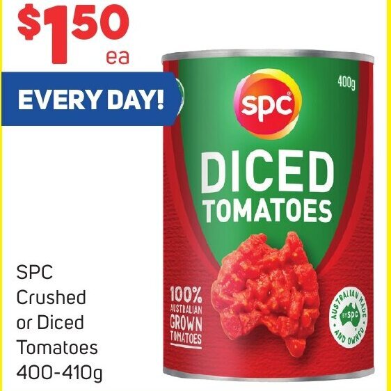 SPC Crushed or Diced Tomatoes 400410g offer at Foodland