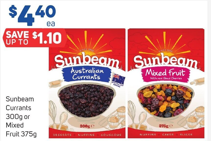 Sunbeam Currants 300g or Mixed Fruit 375g offer at Foodland