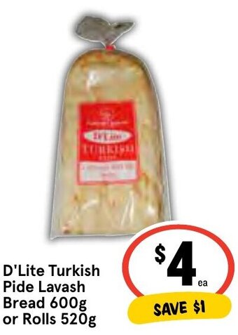 IGA D'Lite Turkish Pide Lavash Bread 600g or Rolls 520g offer