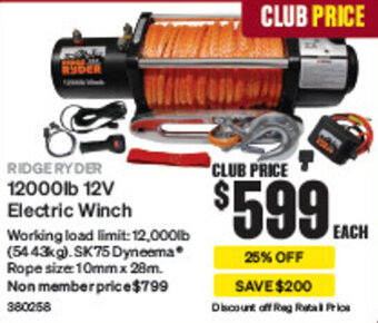 RIDGERYDER 12000lb 12V Electric Winch