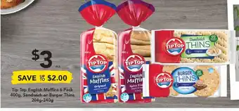 Drakes Tip Top English Muffins 6 Packs 400g, Sandwich or Burger Thins 204g-240g offer