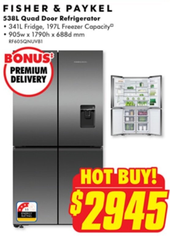 FISHER & PAYKEL 538L Quad Door Refrigerator offer at The Good Guys