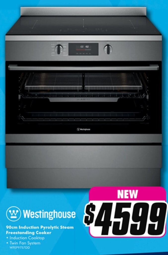 90cm Induction Pyrolytic Steam Freestanding Cooker offer at The Good Guys