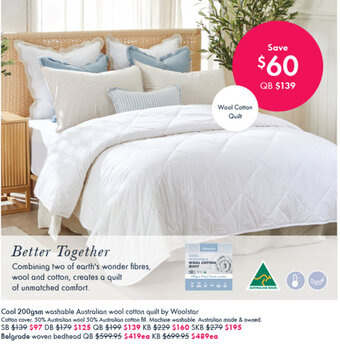 Pillow Talk Cool 200gsm washable Australian wool cotton quilt by Woolstar offer