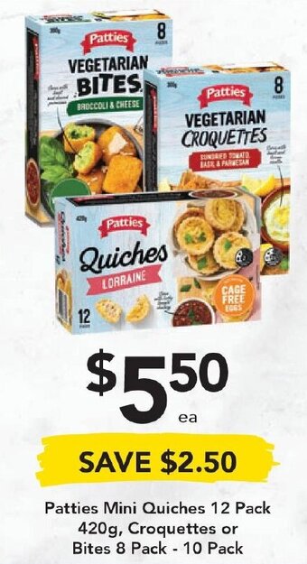 Drakes Patties Mini Quiches 12 Pack 420g, Croquettes or Bites 8 Pack - 10 Pack offer