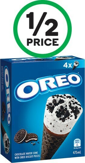 Woolworths Oreo Cookies or Cones 440-475ml Pk 4 or Hershey’s Sticks 360ml Pk 4 or Reese’s Cone 472ml Pk 4 – From the Freezer offer