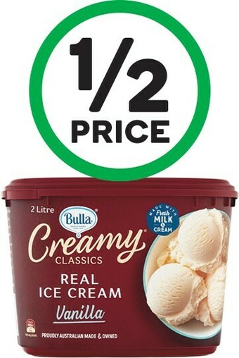 Woolworths Bulla Creamy Classics Ice Cream 2 Litre or Bulla Creamy Classics Sandwiches 560ml Pk 4 – From the Freezer offer