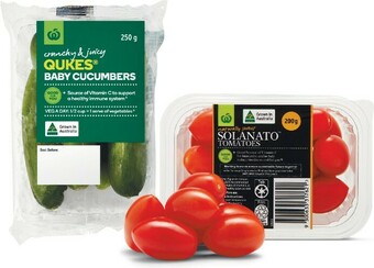 Woolworths Australian Sweet Solanato™ Tomatoes 200g Punnet or Qukes® Baby Cucumbers 250g Pack offer