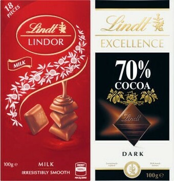 Coles Lindt Excellence or Lindor Block Chocolate 80g-100g offer