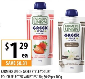 Supabarn FARMERS UNION GREEK STYLE YOGURT POUCH SELECTED VARIETIES 130g offer