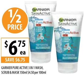 Supabarn GARNIER PURE ACTIVE 3 IN 1 WASH, SCRUB & MASK 150ml offer