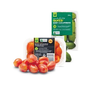 Woolworths Australian sweet solanato tomatoes 200g punnet or qukes baby cucumbers 250g pack offer