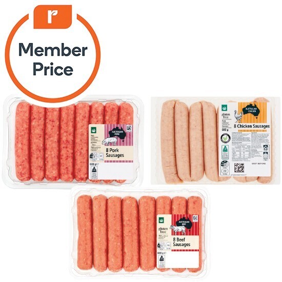 Woolworths beef, pork or chicken sausage or chipolata varieties 600g