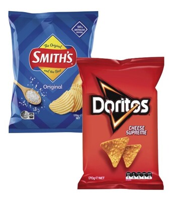 Coles Smith's crinkle cut potato chips 150g-170g, oven baked chips 130g, double crunch 150g or doritos corn chips 150g-170g offer