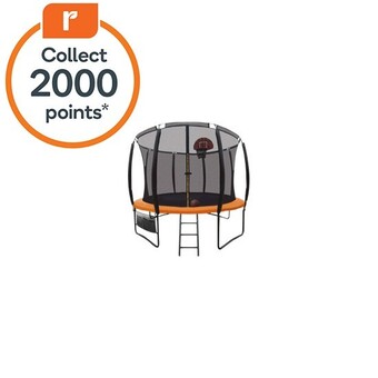 Woolworths Up-shot 10ft round kids trampoline with basketball set and sprinkler accessory offer